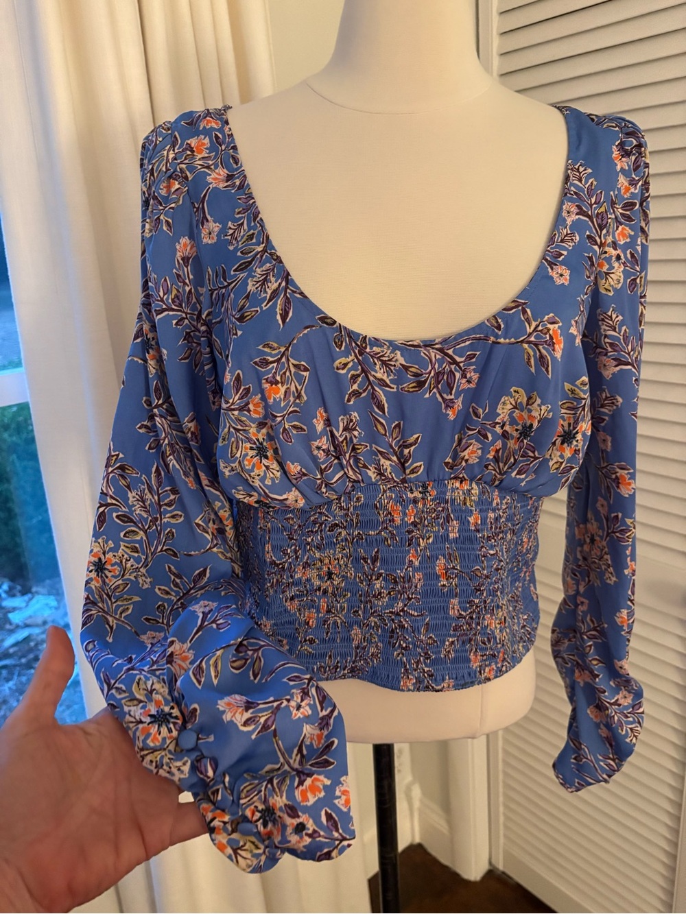 Free People Blue Floral Smocked-Waist Blouse